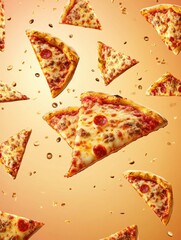 Poster - Flying slices of pepperoni pizza create a lively and engaging background, showcasing a passion for food and fun in every bite. Generative AI