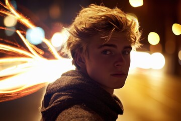 Flash Portrait: Young Man in Motion on the Street at Night