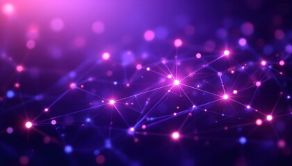 Leinwandbilder - An abstract configuration of pink and purple glowing dots connected by laser-like lines across a dark violet background. Abstract purple color digital particles wave with bokeh and light background