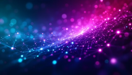 Leinwandbilder - An abstract configuration of pink and purple glowing dots connected by laser-like lines across a dark violet background. Abstract purple color digital particles wave with bokeh and light background