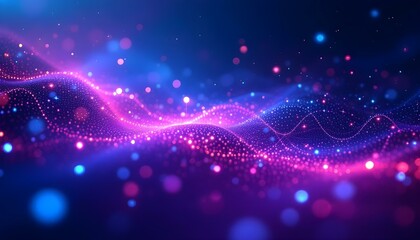 Leinwandbilder - An abstract configuration of pink and purple glowing dots connected by laser-like lines across a dark violet background. Abstract purple color digital particles wave with bokeh and light background