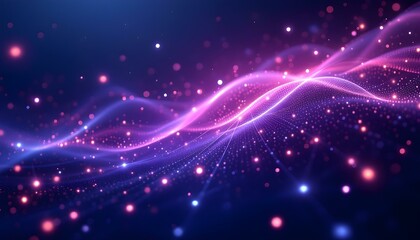 Fototapete - An abstract configuration of pink and purple glowing dots connected by laser-like lines across a dark violet background. Abstract purple color digital particles wave with bokeh and light background