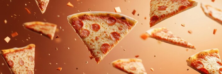 Poster - Colorful slices of pepperoni pizza are soaring diagonally, creating a lively atmosphere ideal for sharing delicious food moments. Generative AI