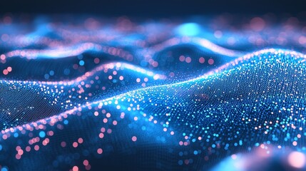 Poster - Cyber big data flow. Blockchain data fields. Network line connect stream. AI technology, digital communication, science research, and 3D illustration of music waves.