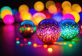 A colorful festive scene with soft, glowing bokeh lights arranged in a vibrant and harmonious composition. Replace the warm, golden tones with a dynamic mix of neon colors