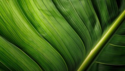 Poster -  Close-Up of a Lush Tropical Leaf's Intricate Vein Structure Showcasing Symmetrical Patterns and Vivid Green Textures. Ideal for Botanical Studies, Organic Design, and Eco Inspired Visual Projects.