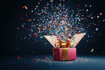 Aufkleber - The gift box overflows with colorful confetti and ribbons, creating a festive atmosphere perfect for celebrations and surprises. Generative AI