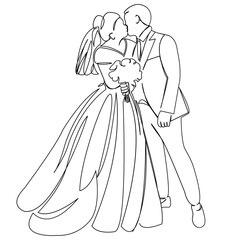 One continuous single drawing line art doodle wedding, bride, groom, couple, love. Isolated flat illustration hand draw contour on a white background
