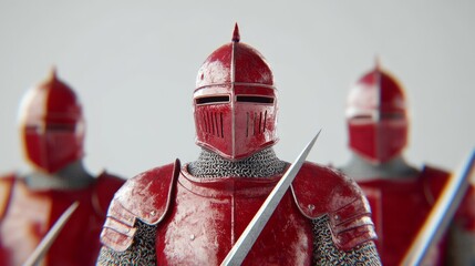 Three red armored knights stand in formation, swords drawn, against a white background.