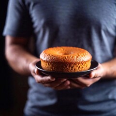 Wall Mural - A man holding a cake in hands, blurred background, extreme close up