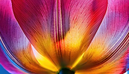 Poster - Radiant Macro Shot of Tulip Petals in Striking Red, Orange, and Purple Hues with Sunlight Backlighting, Showcasing Intricate Textures and Vivid Colors for Floral Art, Nature Design Abstract Background