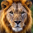 © LIGHTFIELD STUDIOS - A close-up photo of a lion looking directly at the camera, deep focus on the symmetry of its face and the contrast between its eyes and fur, eye-level shot conveying a sense of presence and authority