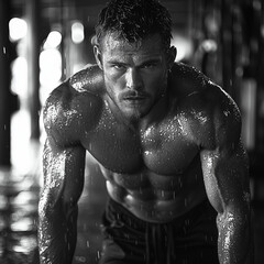 Wall Mural - intense portrait of a muscular man dripping with water in a dimly lit gym, exuding strength and determination