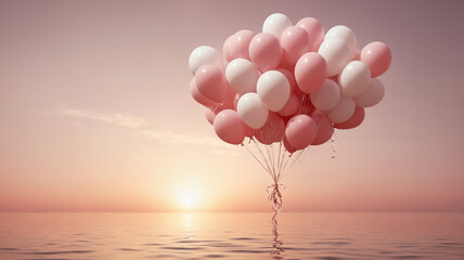 decorative pink and white balloons under sea water in sunset time