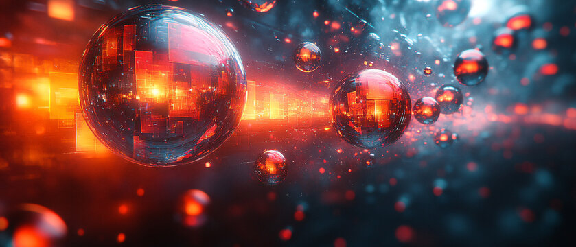 Abstract Red Spheres with Glowing Lights and Blurry Background  3D Render, Abstract Red Spheres with Glowing Lights and Blurry Background
