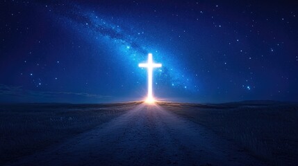 Poster - A glowing cross shines brightly on the horizon beneath a clear, starry night sky, symbolizing faith, solitude, and hope amidst the vastness