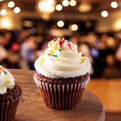 Wall Mural - An aerial view of a beautifully frosted cupcake with sprinkles, with the cupcake and frosting in sharp focus and the background of a party scene softly blurred, showcasing the fun and festive appeal