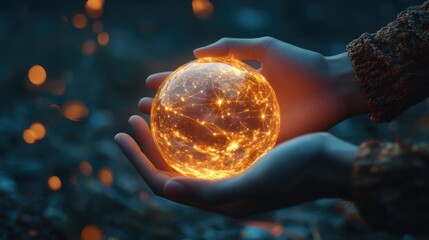 Poster - A glowing digital sphere rests in a pair of hands, representing the future of global connectivity and technological growth in the digital era.