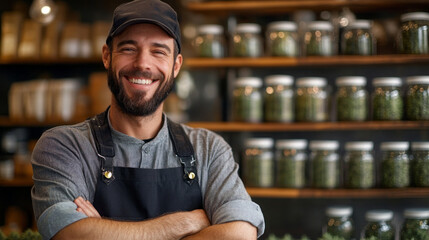 A man with a black apron and a black hat is smiling