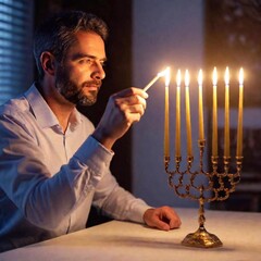 A close-up photo of a caucasian male adult carefully lighting a candle on a menorah, with deep focus capturing the intricate details of the menorah, his hands, and the flame, eye level shot focusing