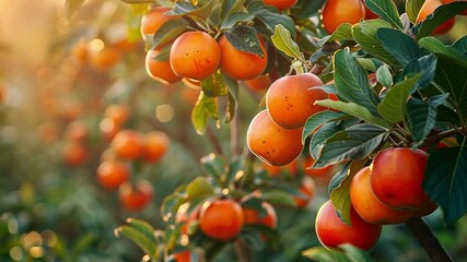 Poster - This Ripe persimmons hang from branches in a warm golden light, showcasing the autumn bounty.