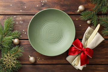 Poster - Christmas setting and festive decor on wooden table, flat lay