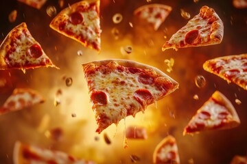 Poster - Slices of pizza soar diagonally through a colorful background, creating a lively and inviting atmosphere perfect for a pizza-themed design. Generative AI