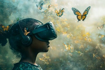 Poster - Virtual reality headset worn by a girl. VR goggles innovation technology. Stock photo