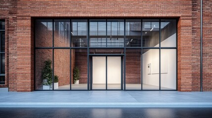 Poster - A brick building with a large glass window and a white door