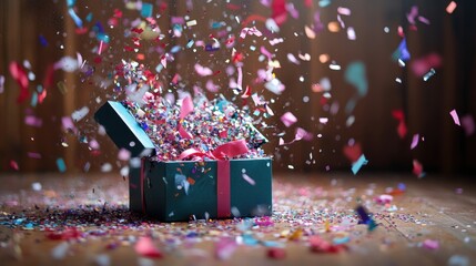 Colorful confetti and ribbons burst from an open gift box, creating a vibrant display during a joyful celebration in a warm atmosphere. Generative AI