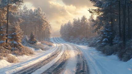 Poster - A snowy road with trees in the background