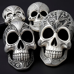 Silver Sugar Skulls, Intricate, ornate silver sugar skulls with Day of the Dead inspired designs.  A captivating collection for Halloween, Dia de los Muertos, or gothic art enthusiasts.