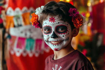 Young boy with Sugar Skull makeup, adorned with tiny flowers in his hair, standing against a background of festive decorations and papel picado banners.