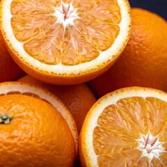 detailed close-up of an orange's segments, showing the juicy interior in sharp focus from above while the peel and background gently blur out