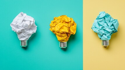 Poster - Imaginative concept of crumpled paper light bulb on blue background.