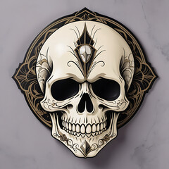 Ornate Skull Design,A detailed illustration of a human skull adorned with intricate, golden filigree, set against a dark circular frame.  The skull's design evokes a sense of mystery and elegance.