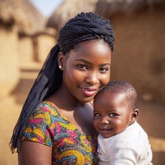 portrait of young african woman with cute little child in traditional village, smiling, looking at camera.