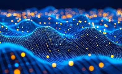 Poster - 3D illustration of a polygonal mesh with bright flashes, based on an artificial neural network concept. Shares in the technology of the future.