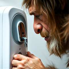 Close up of a Neanderthal puzzled by a modern automatic soap dispenser, examining its mechanism.