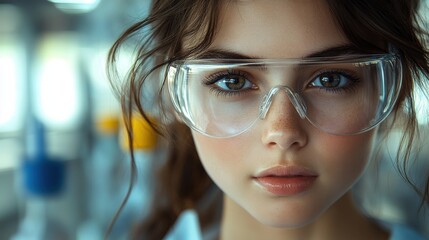 Wall Mural -  chemistry, girl, dark brown hair, with safety glasses, job professional photo, in laboratory 