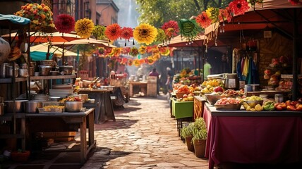 a colorful street market scene with stalls offering a mix of tex-mex and cajun cuisine, featuring it