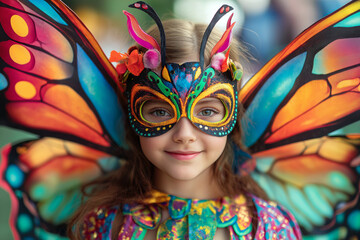 Teen girl mimicking a butterfly, wearing a butterfly mask, large wings, and colorful antennae, gracefully fluttering, in a vibrant butterfly costume.