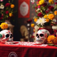 mexican dead skull with red flowers and red roses