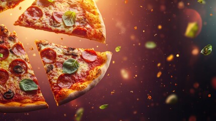 Poster - Flying slices of pepperoni pizza spin through a colorful backdrop, creating an exciting atmosphere perfect for capturing interest. Generative AI