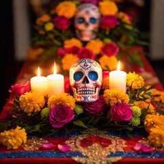 extreme macro shot of a vibrant altar adorned with photos, candles, and flowers, with one central decoration in sharp focus and the others softly fading into the background, capturing the rich