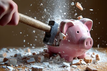 A person breaks a pink piggy bank with a hammer creating a cloud of debris in a well-lit indoor setting during the day