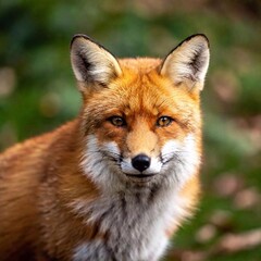 A medium shot of a red fox sitting among autumn leaves, with rack focus emphasizing the fox's detailed fur and the vibrant, blurred foliage around it