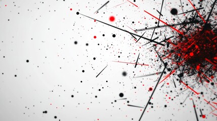 Abstract design with black and red lines and dots on a white background.