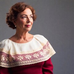 Image of a senior Hispanic woman in a Victorian gown, Medium Shot with Split Diopter, Over-The-Shoulder Shot, and portrait format, photo style