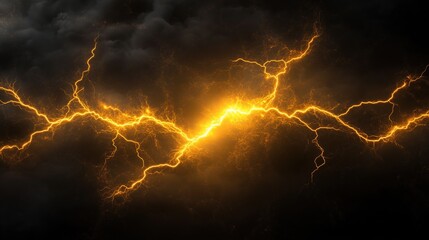 Poster - A 3D render of a glowing yellow lightning ring on a black background, representing an energy light effect concept. This abstract electric storm in the dark sky features a powerful, glowing energy port